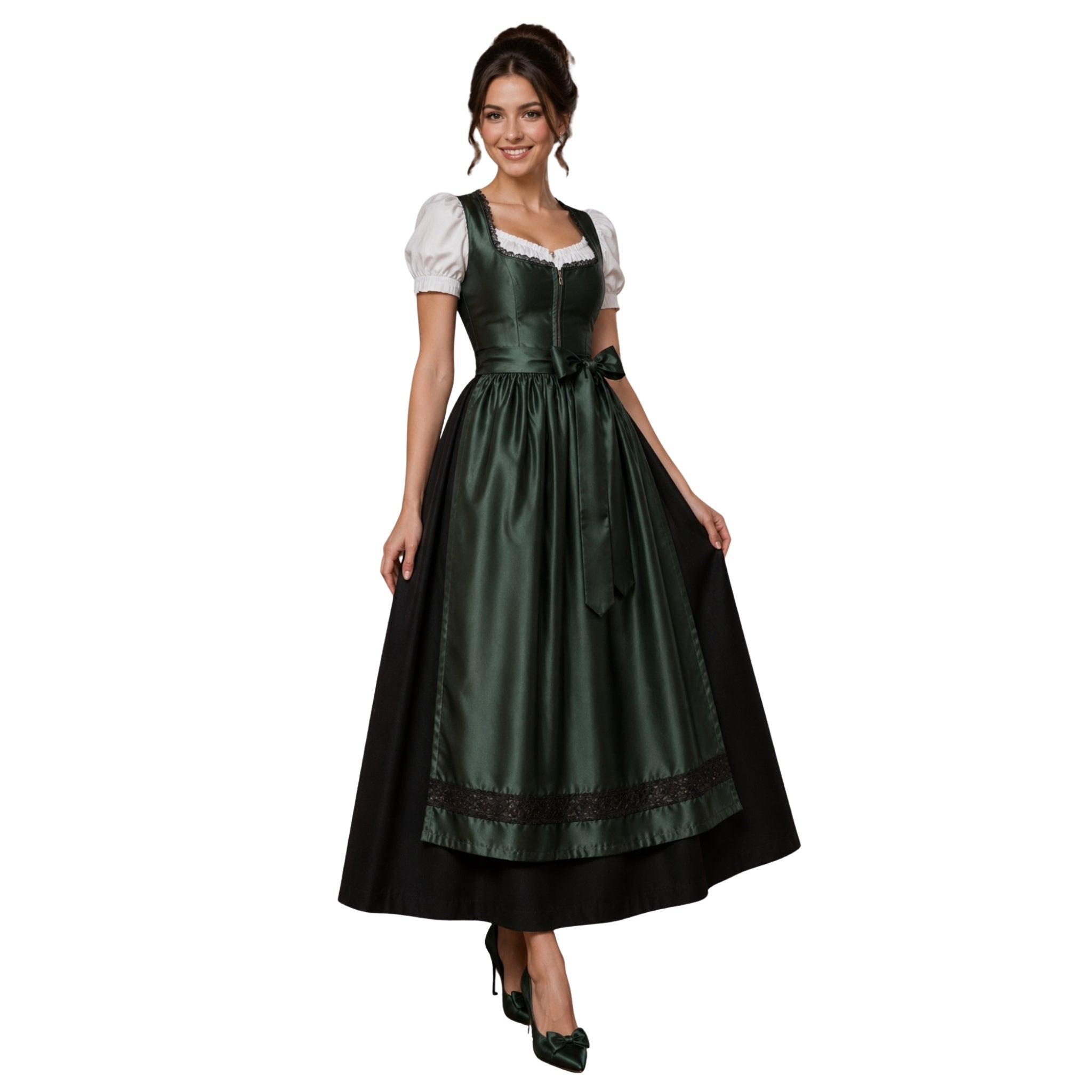 3-Piece Dark Green Silk German Dirndl Long Dress – Alpine Dirndl