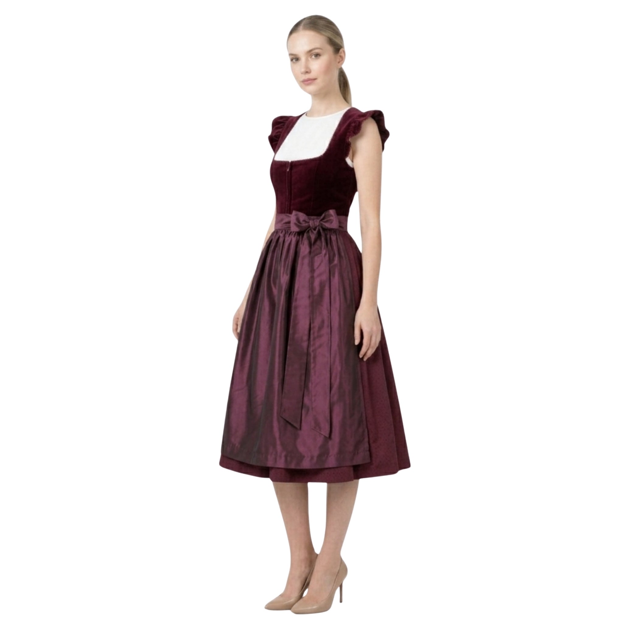 2Pcs Burgundy Velvet  German Dirndl Midi Dress & Apron