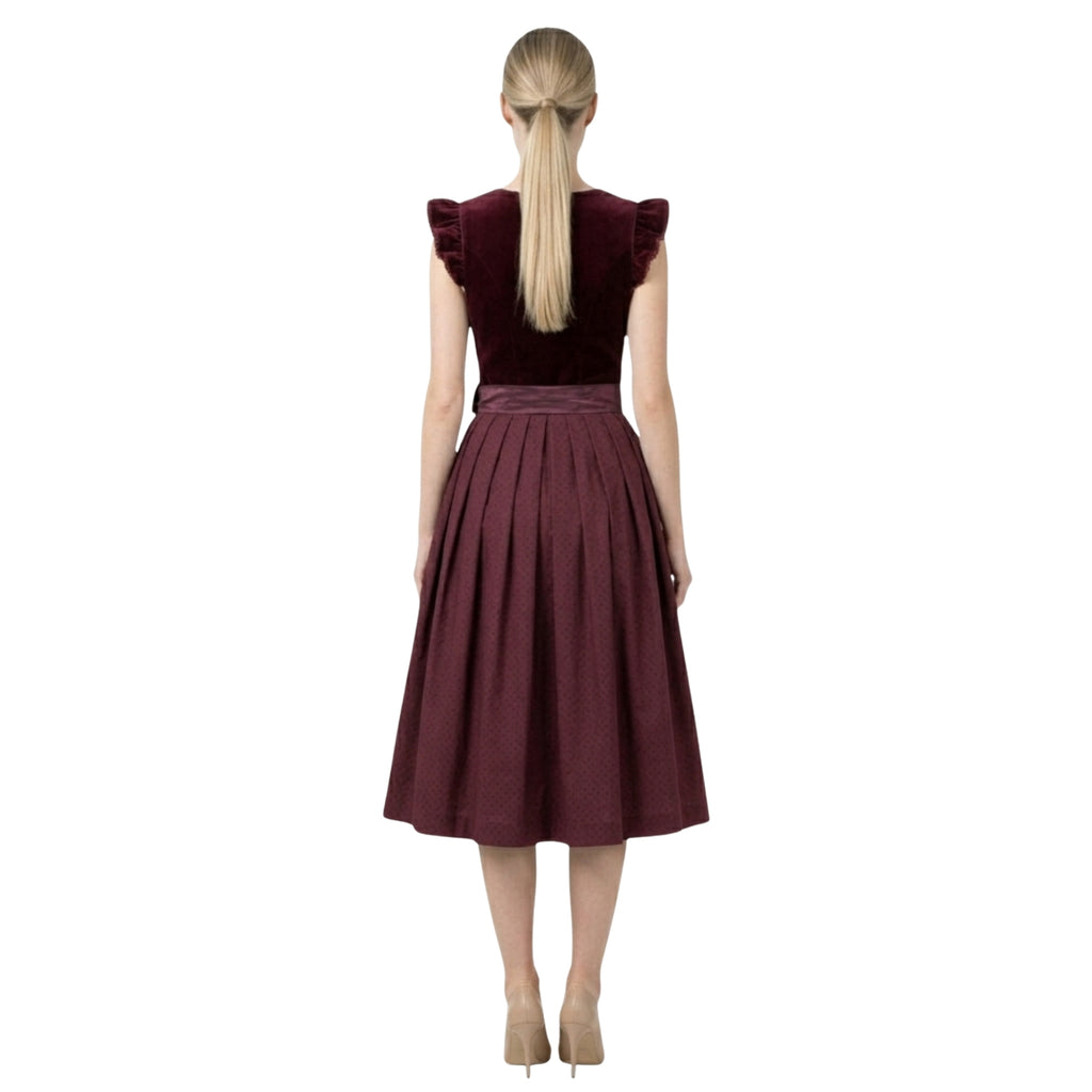 2Pcs Burgundy Velvet  German Dirndl Midi Dress & Apron
