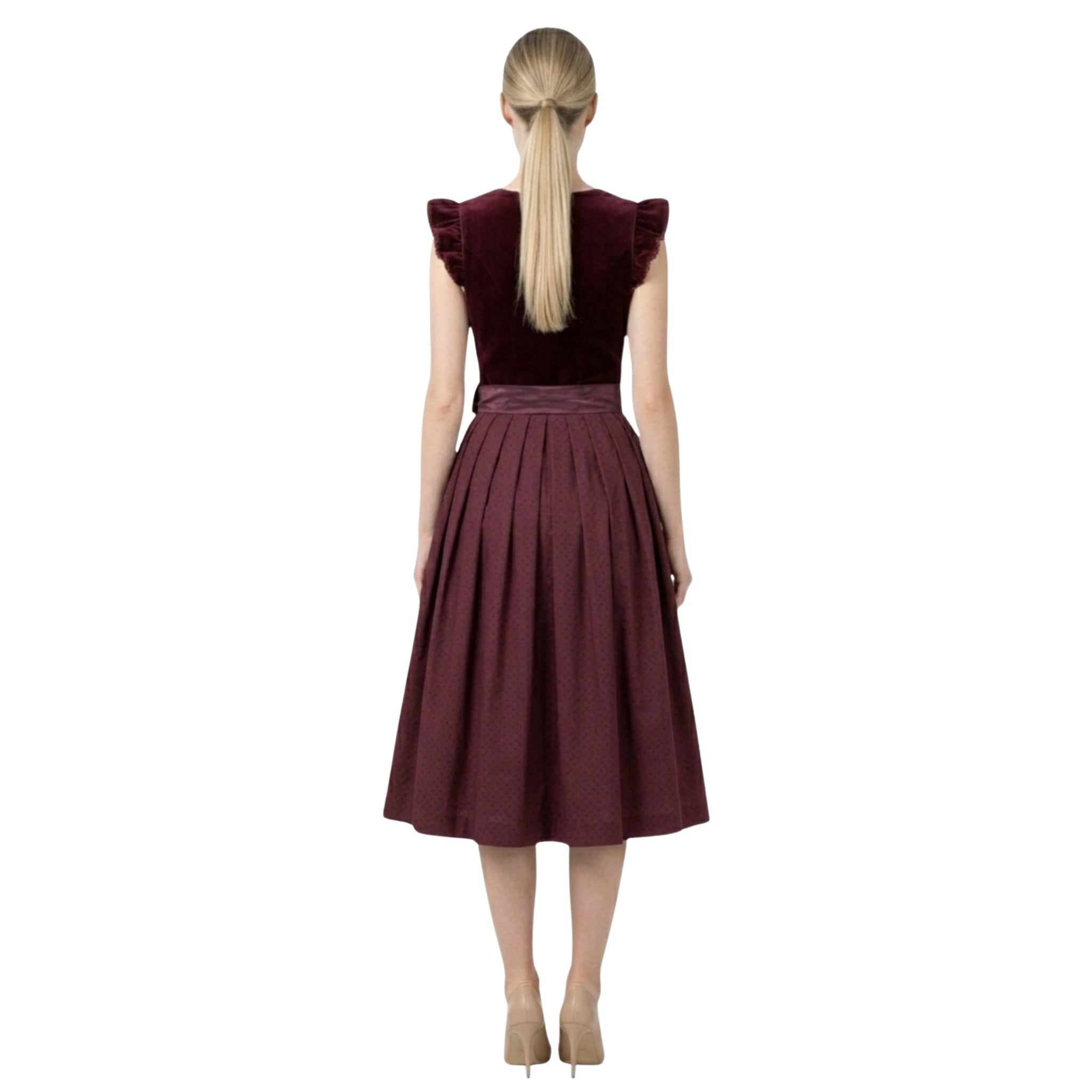 2Pcs Burgundy Velvet  German Dirndl Midi Dress & Apron