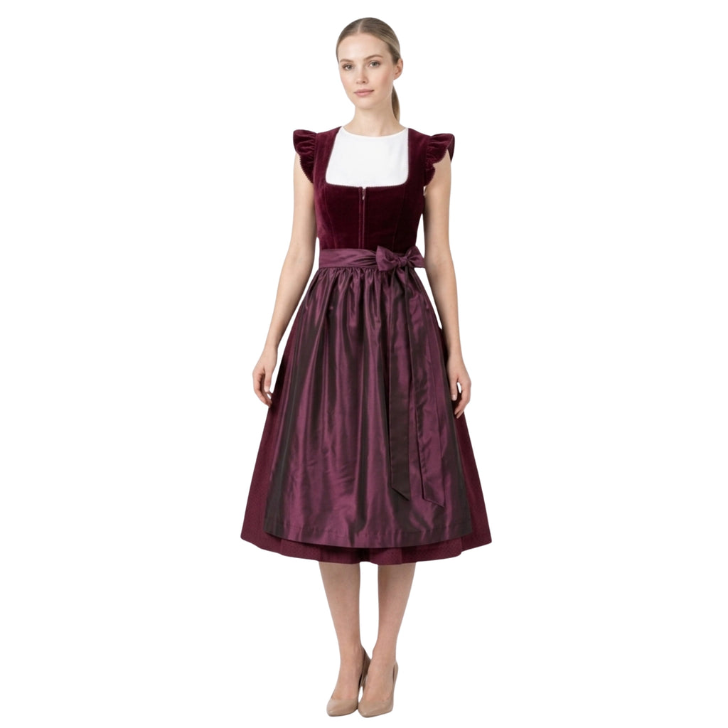 2Pcs Burgundy Velvet  German Dirndl Midi Dress & Apron