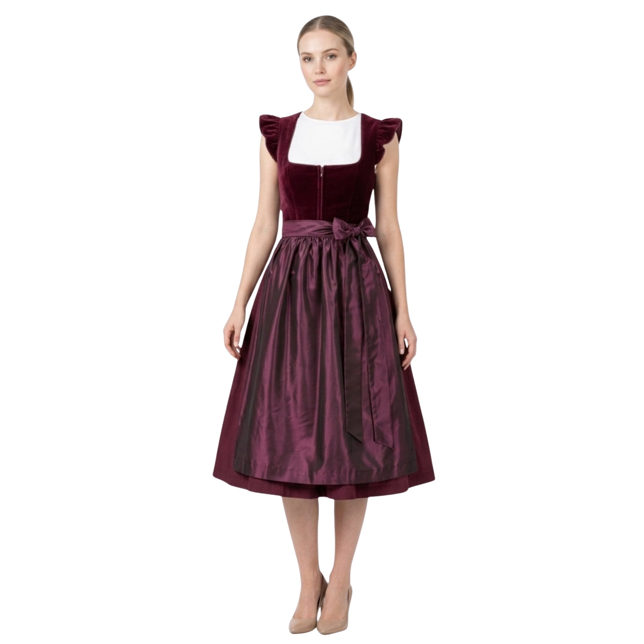 2Pcs Burgundy Velvet  German Dirndl Midi Dress & Apron
