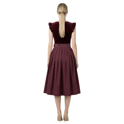 2Pcs Burgundy Velvet German Dirndl Midi Dress & Apron - Alpine Dirndl