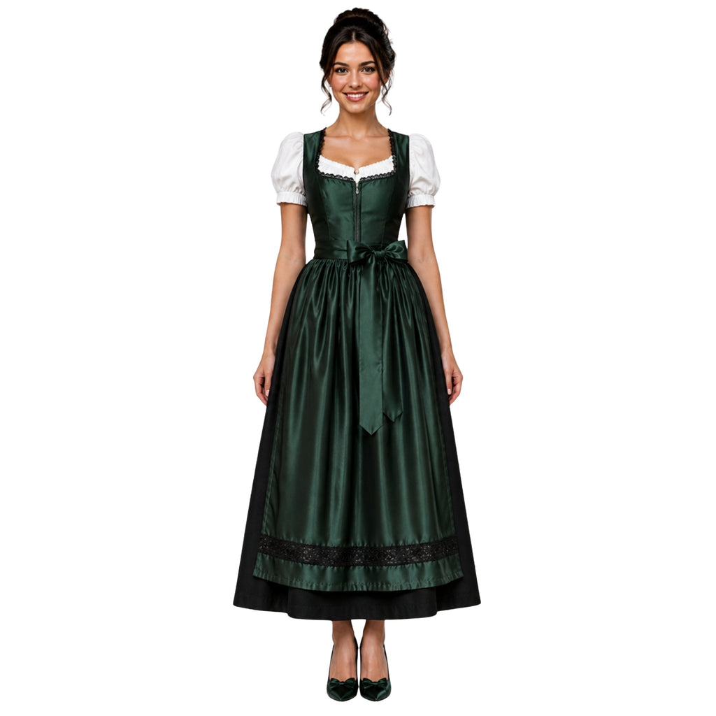 3Pcs Dark Green Silk German Dirndl Long Dress – Black Cotton