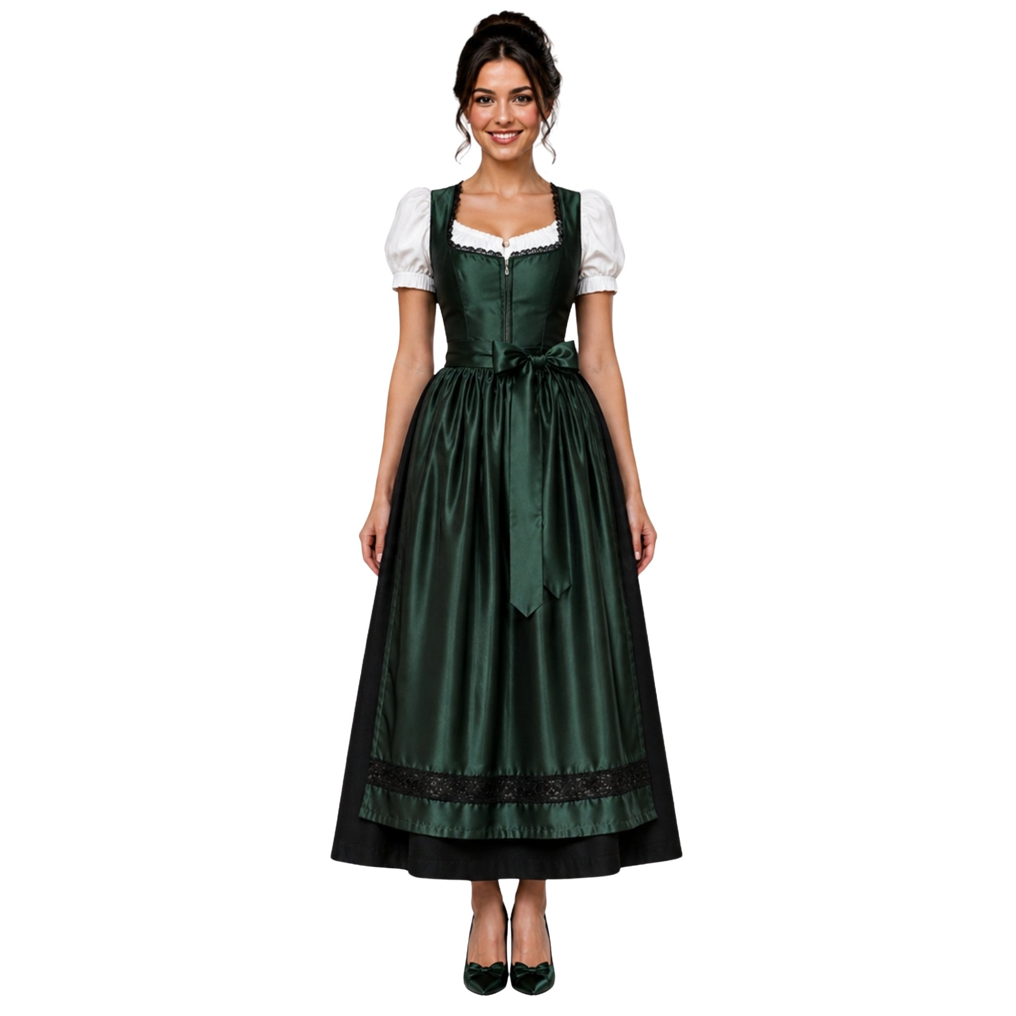 3Pcs Dark Green Silk German Dirndl Long Dress – Black Cotton
