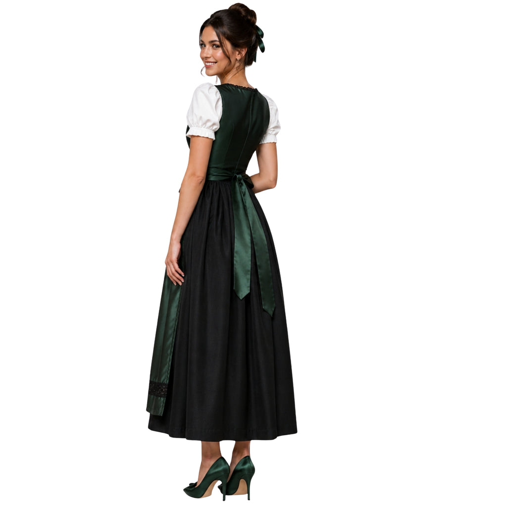 3Pcs Dark Green Silk German Dirndl Long Dress – Black Cotton