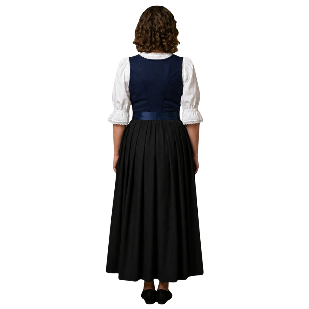 3Pcs Navy Cotton German Dirndl Long Dress – Silk Satin Apron