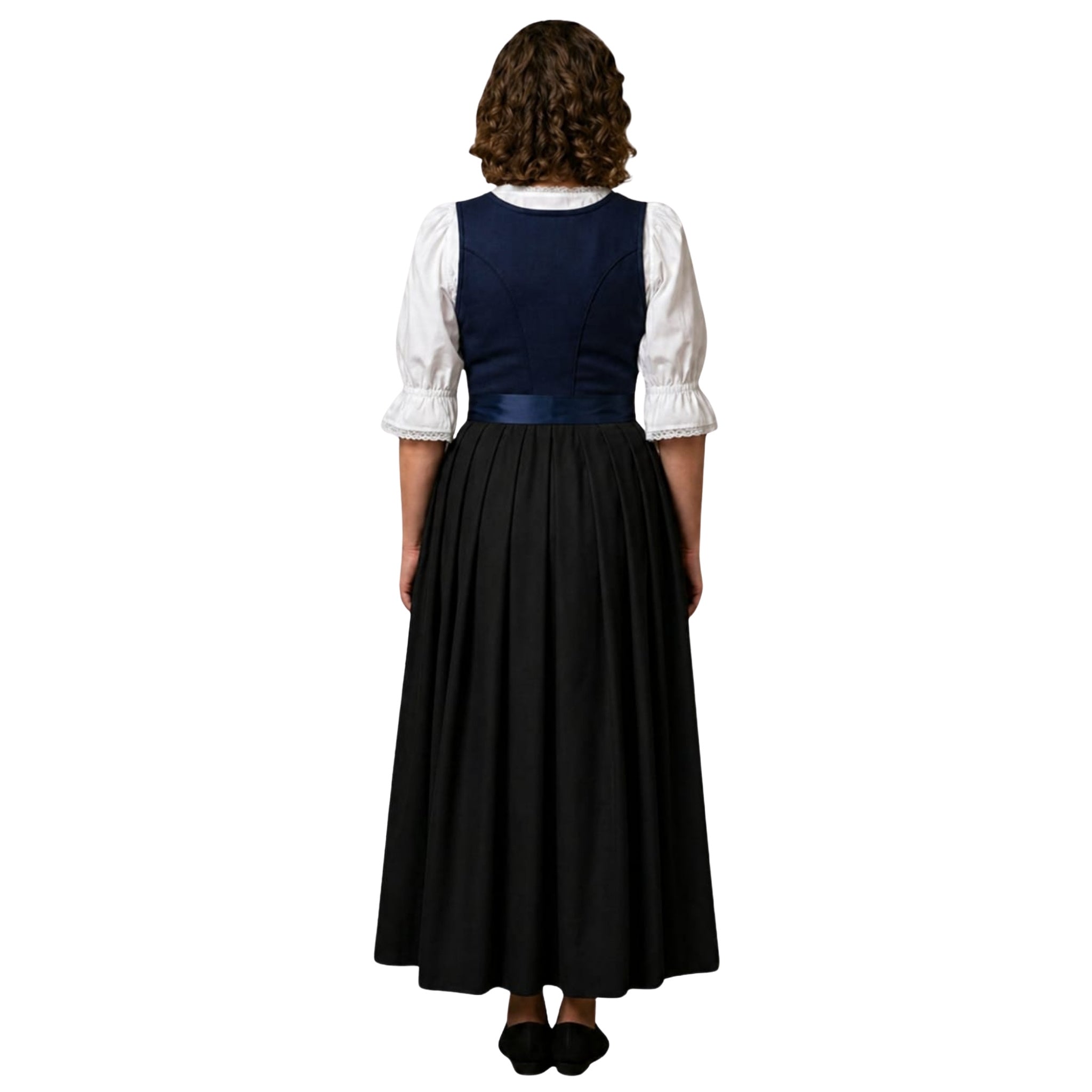 3Pcs Navy Cotton German Dirndl Long Dress – Silk Satin Apron