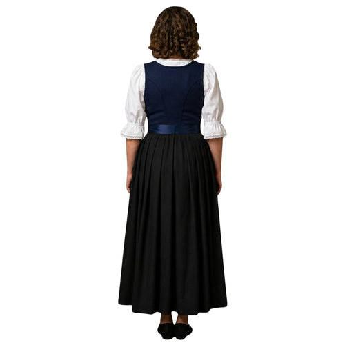 3Pcs Navy Cotton German Dirndl Long Dress – Silk Satin Apron