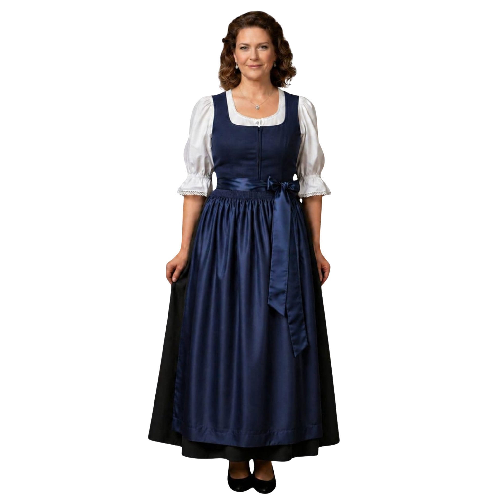 3Pcs Navy Cotton German Dirndl Long Dress – Silk Satin Apron