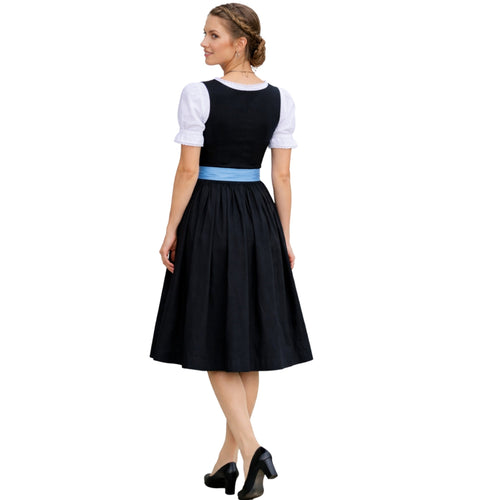 3Pcs Black Floral Embroidered German Dirndl Midi Dress Set - Alpine Dirndl
