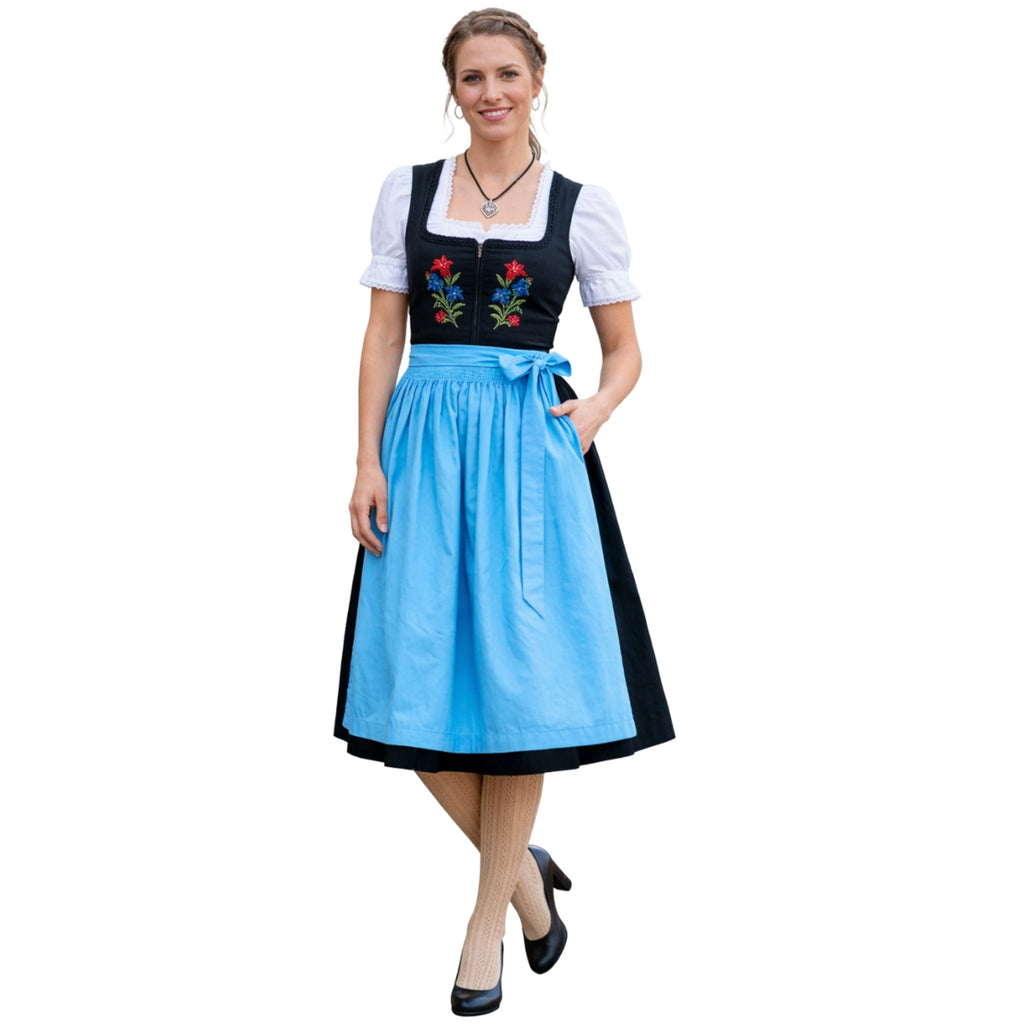 3Pcs Black Floral Embroidered German Dirndl Midi Dress Set - Alpine Dirndl