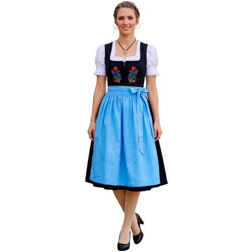 3Pcs Black Floral Embroidered German Dirndl Midi Dress Set - Alpine Dirndl