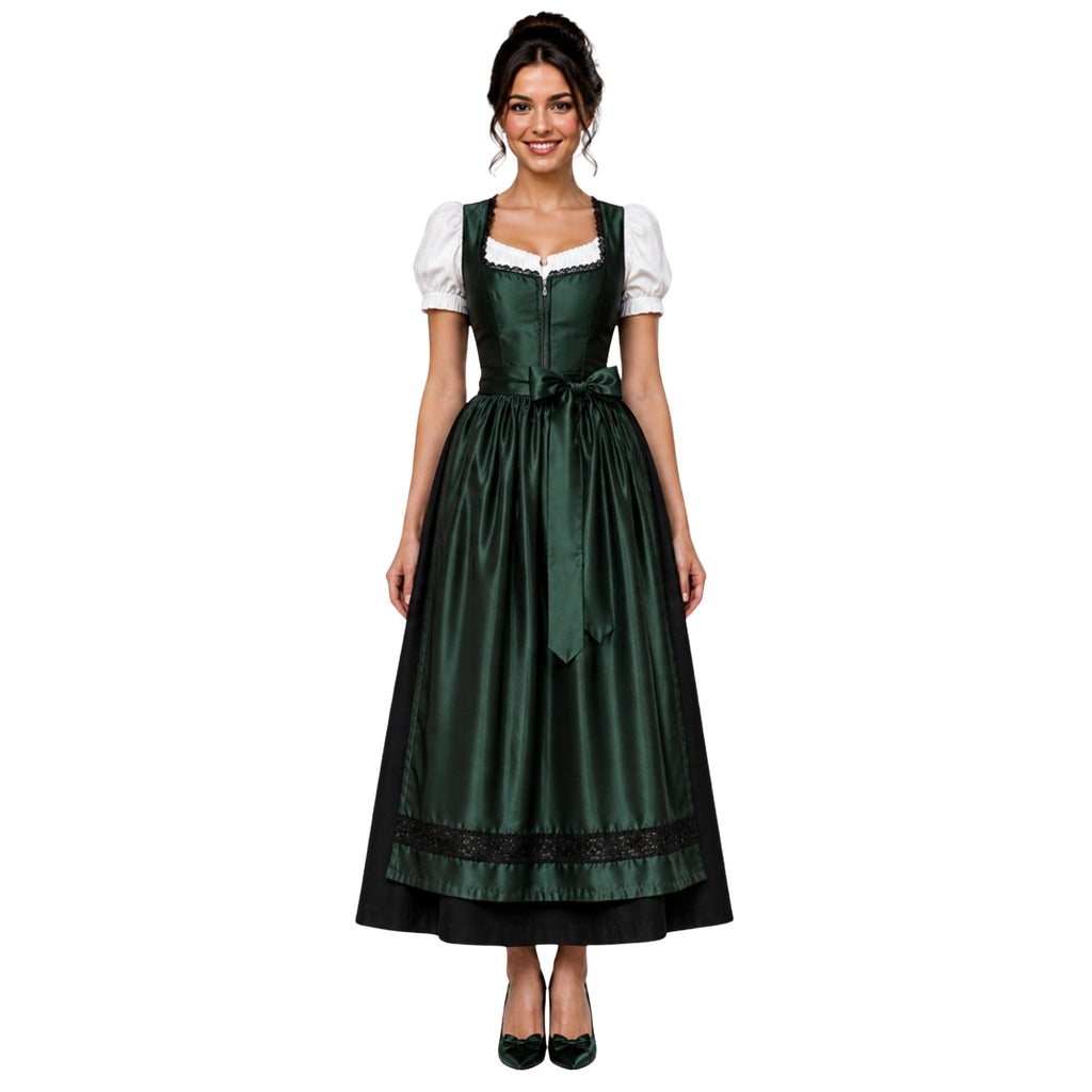 3Pcs Dark Green Silk German Dirndl Long Dress – Black Cotton - Alpine Dirndl