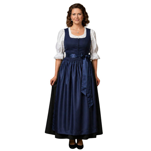 3Pcs Navy Cotton German Dirndl Long Dress – Silk Satin Apron - Alpine Dirndl