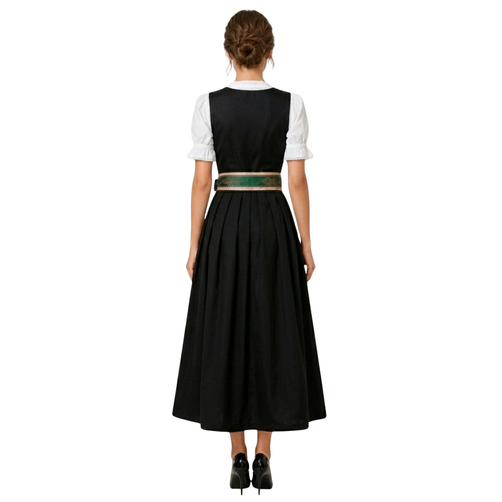 Alpine Dirndl Maxi – Black Embroidered & Stripe Apron