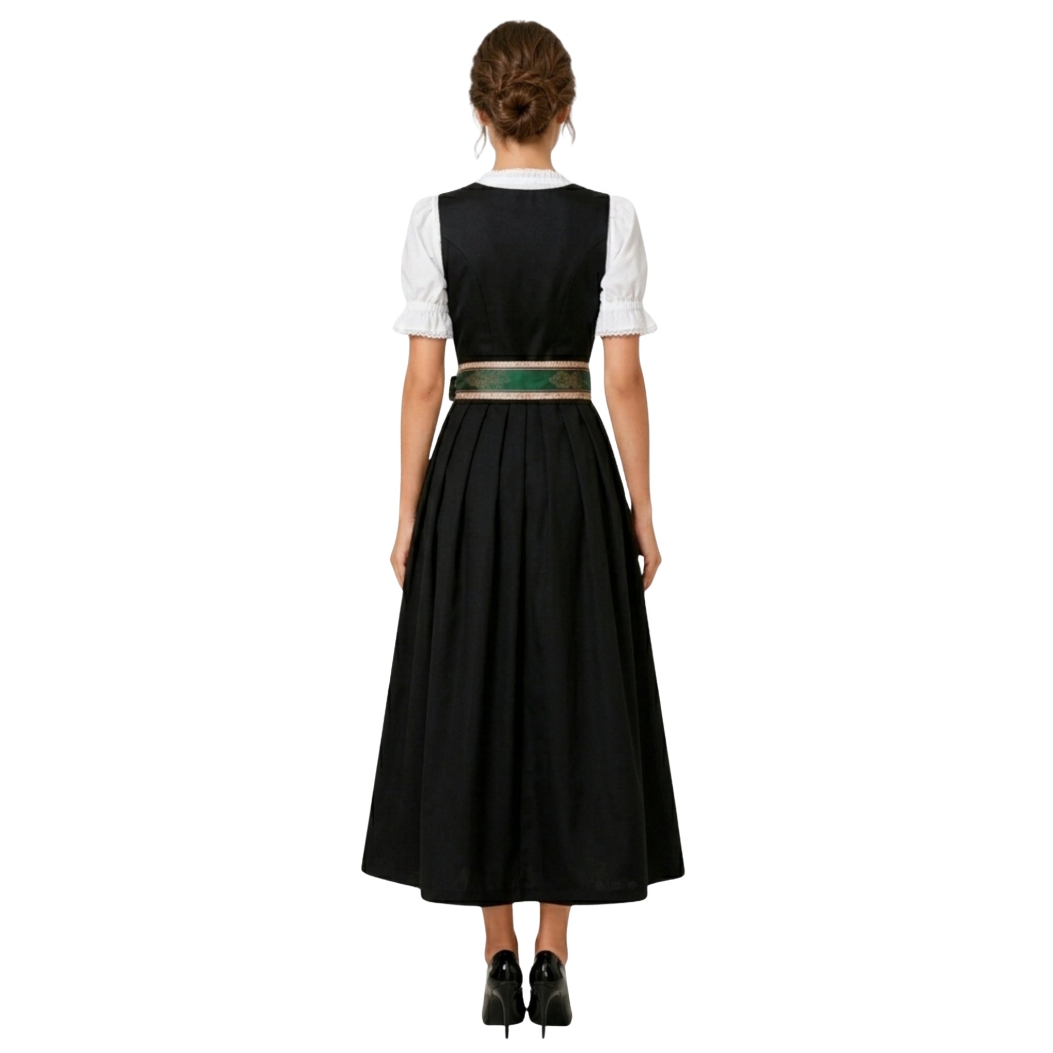 Alpine Dirndl Maxi – Black Embroidered & Stripe Apron