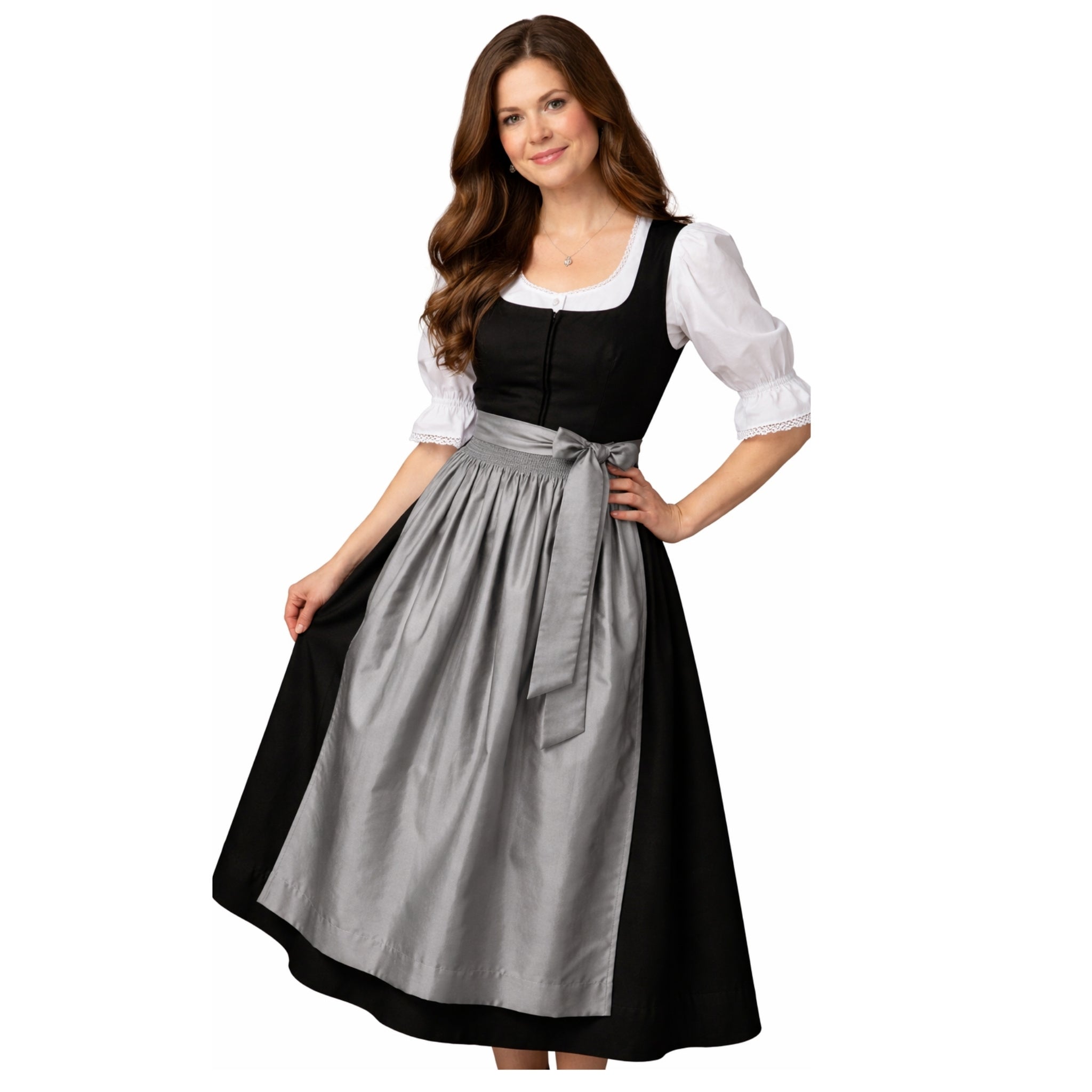 Women's Dirndl Dress – Black & Silver Silk Apron Set