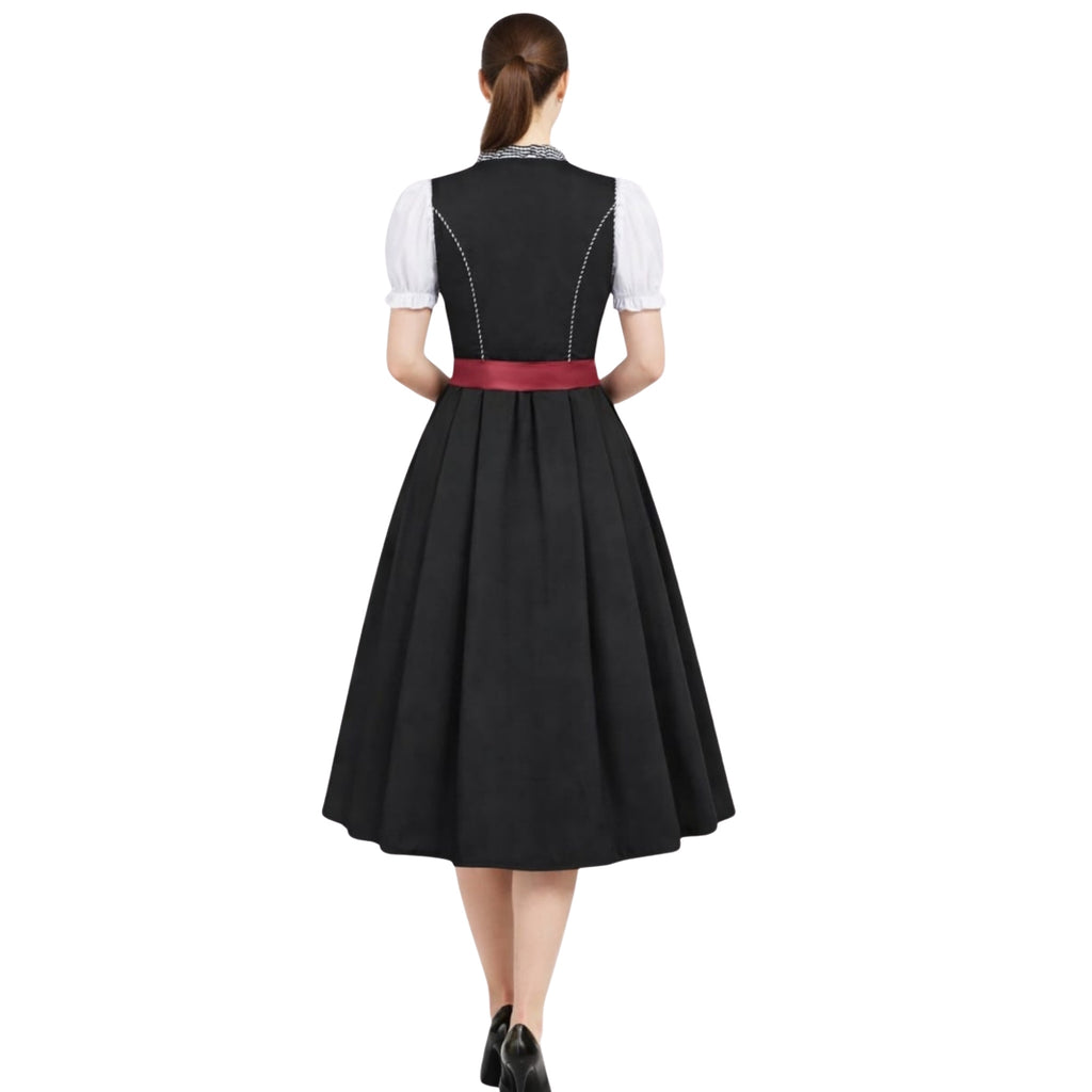 Black Corset Dirndl – Wine Red Bow & Gingham Apron