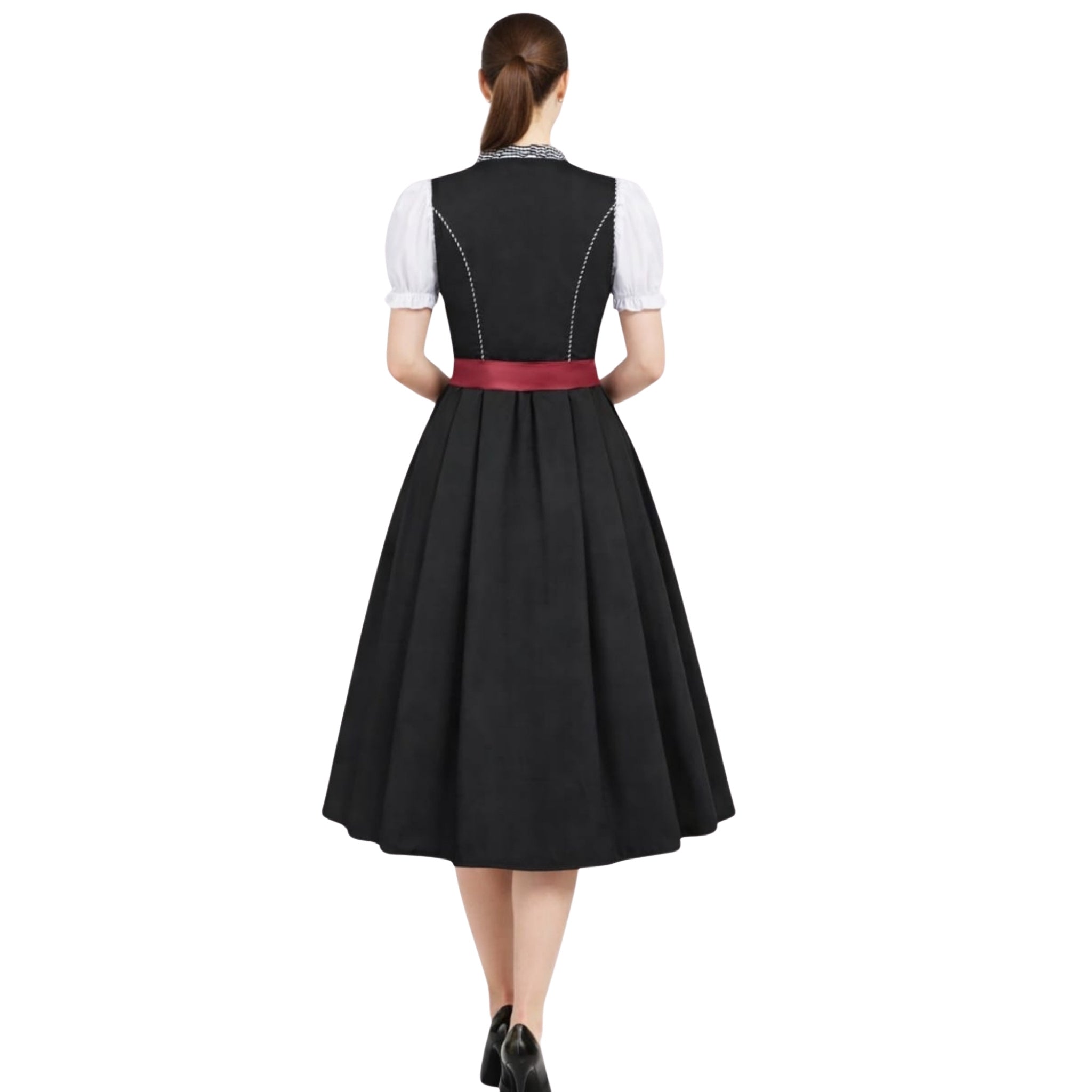 Black Corset Dirndl – Wine Red Bow & Gingham Apron