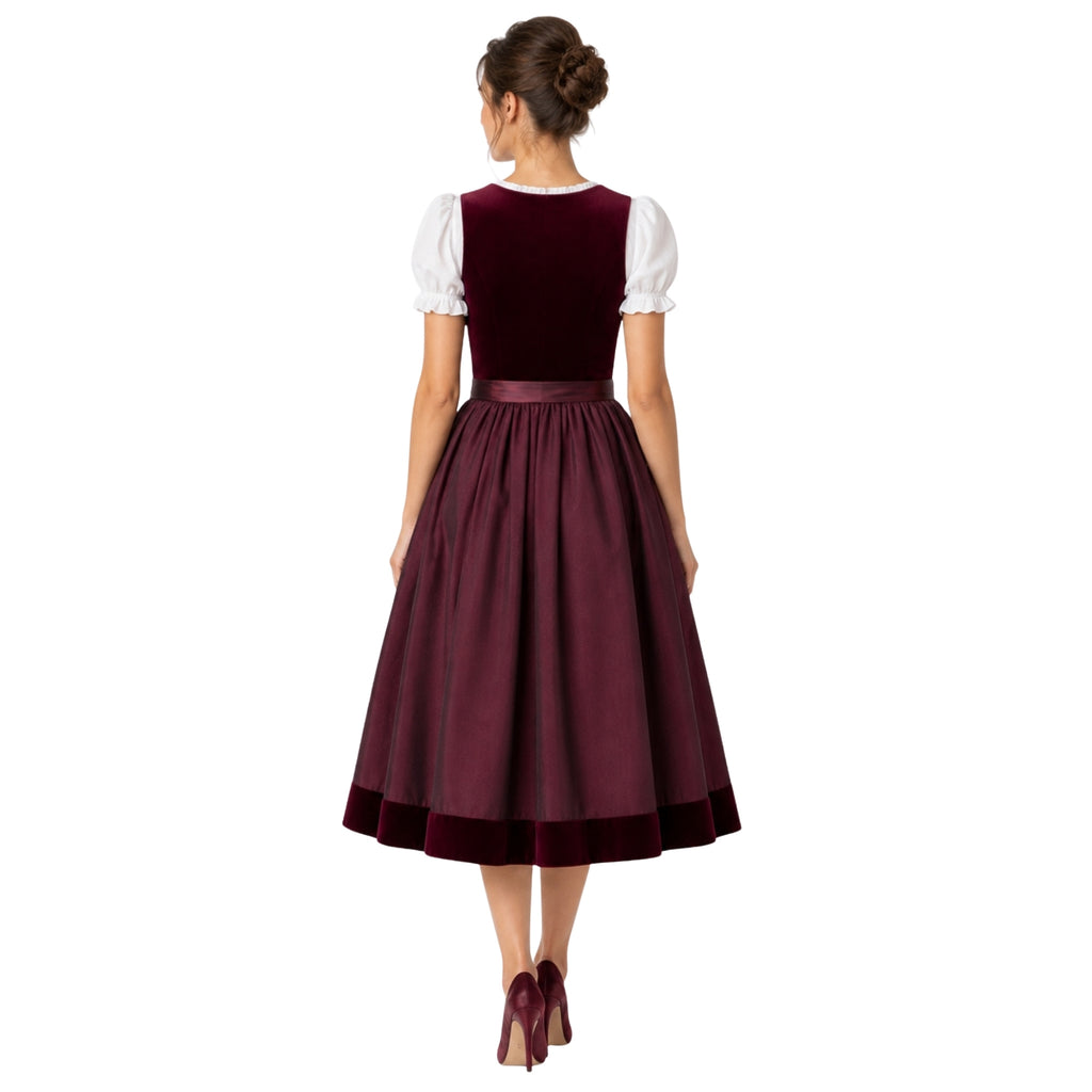 Burgundy Velvet Dirndl – Oktoberfest Midi Dress