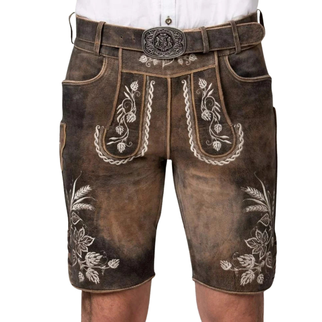 Brown Short Lederhosen | Floral Embroidery & Belt