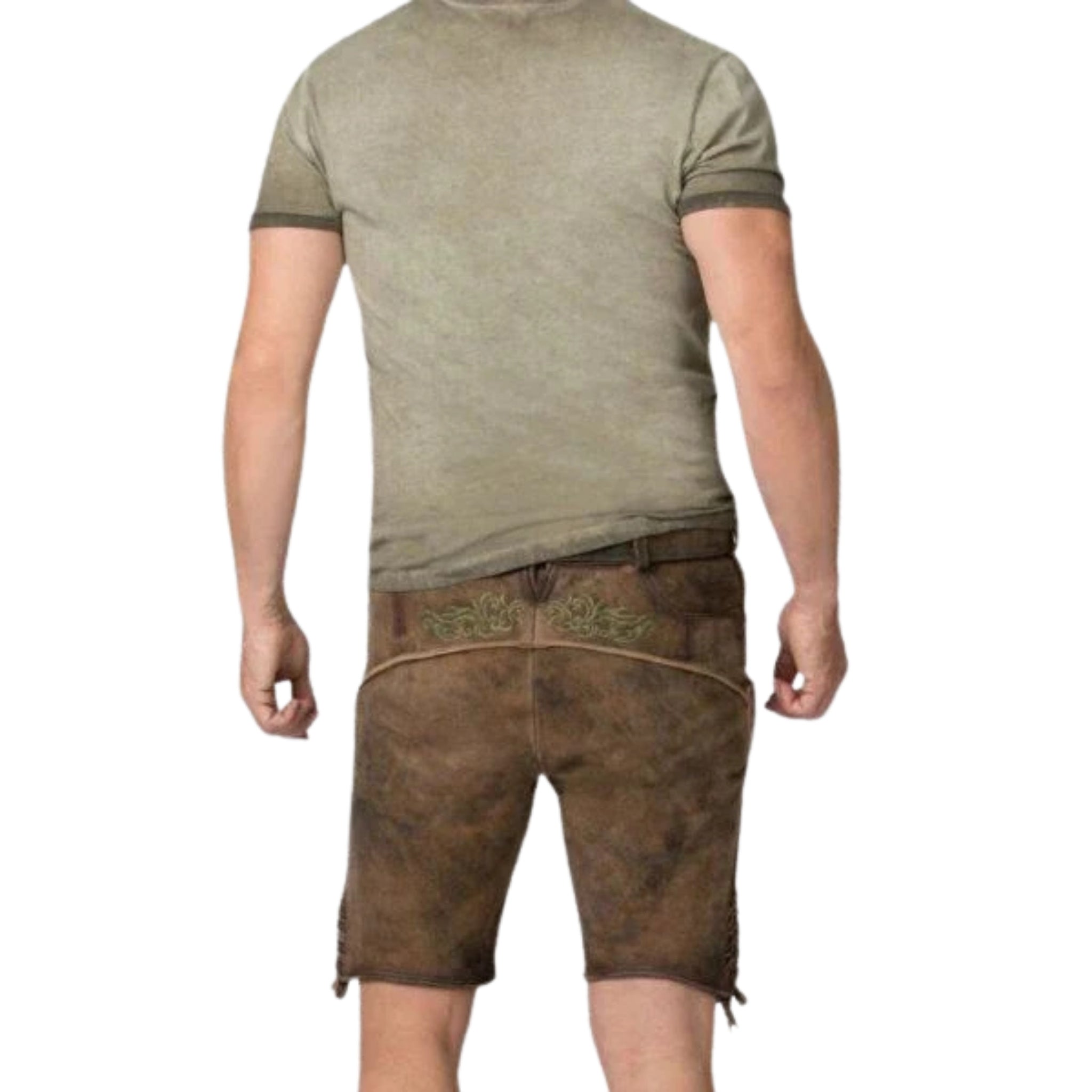 Brown Short Lederhosen | Green Embroidery Suede Men
