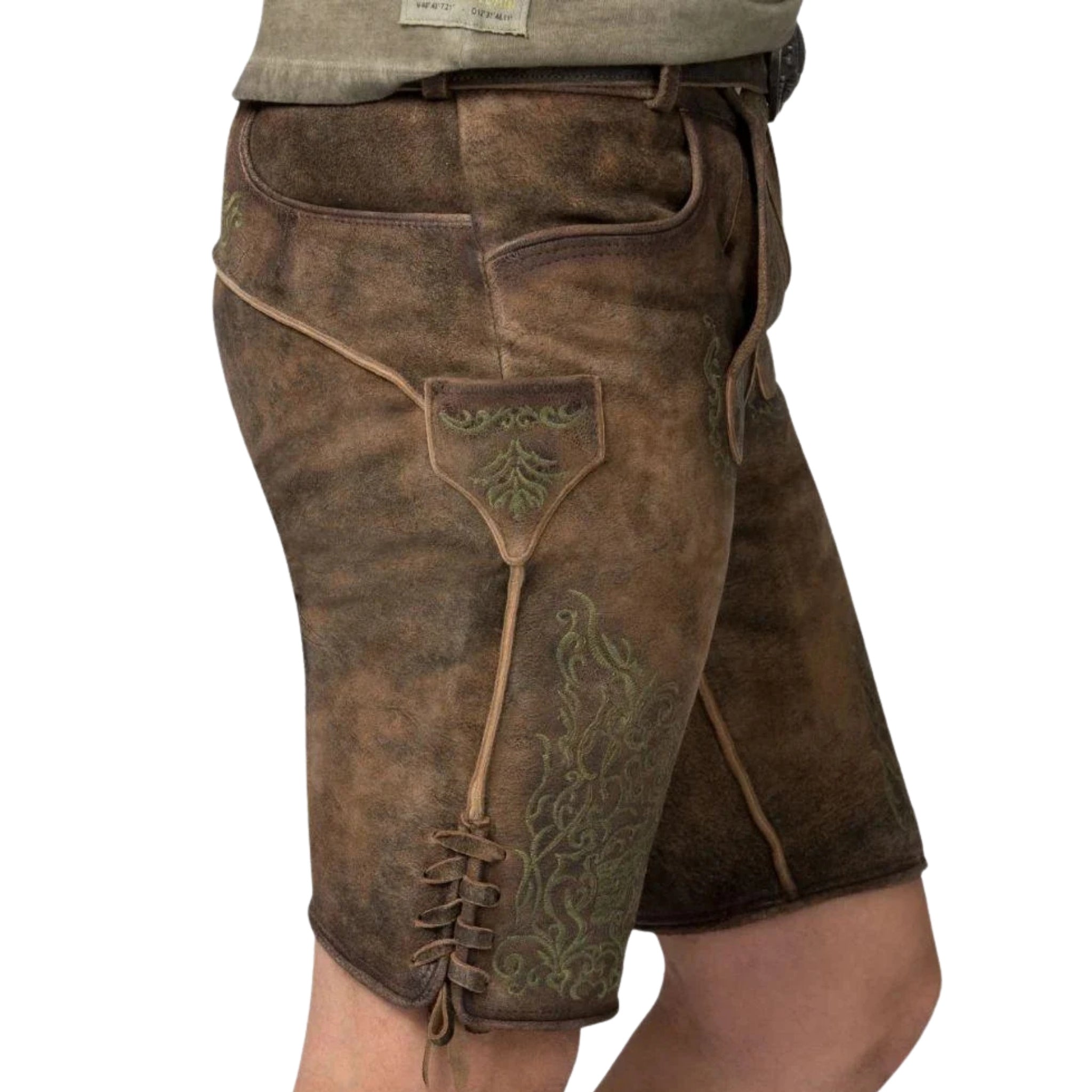 Brown Short Lederhosen | Green Embroidery Suede Men