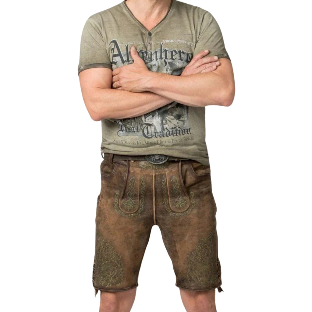 Brown Short Lederhosen | Green Embroidery Suede Men