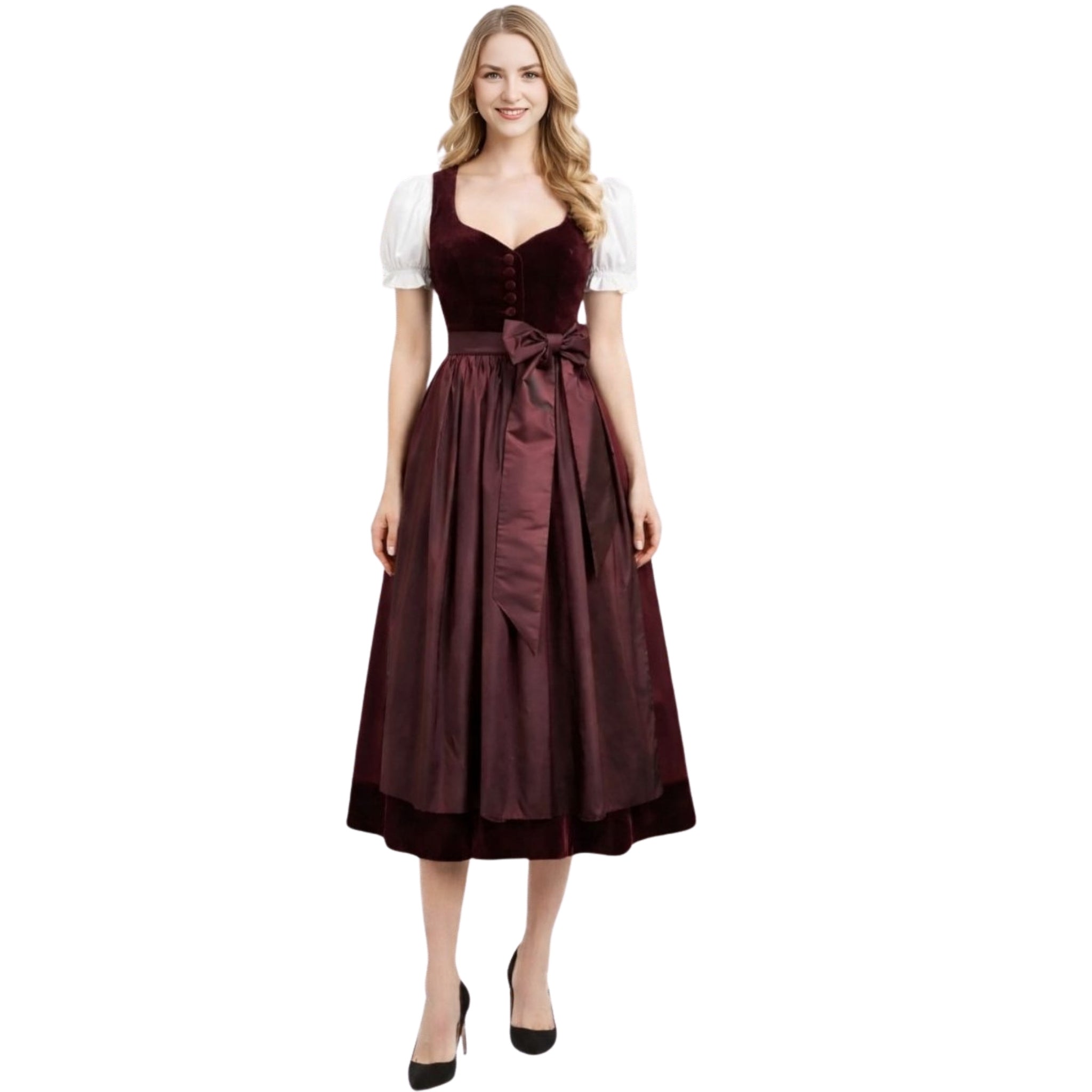 Burgundy Velvet 3Pcs German Dirndl Dress Set – Satin Apron