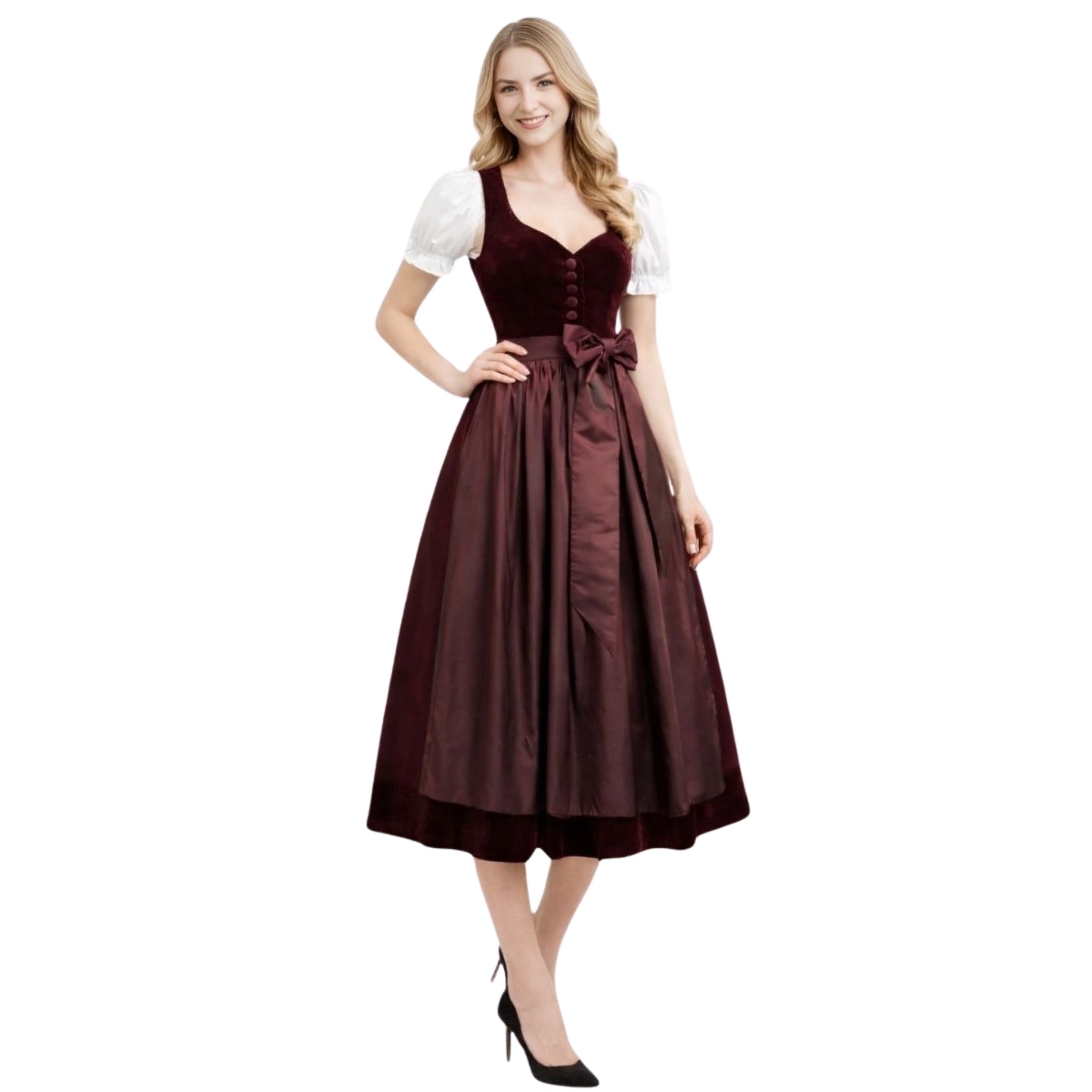 Burgundy Velvet 3Pcs German Dirndl Dress Set – Satin Apron