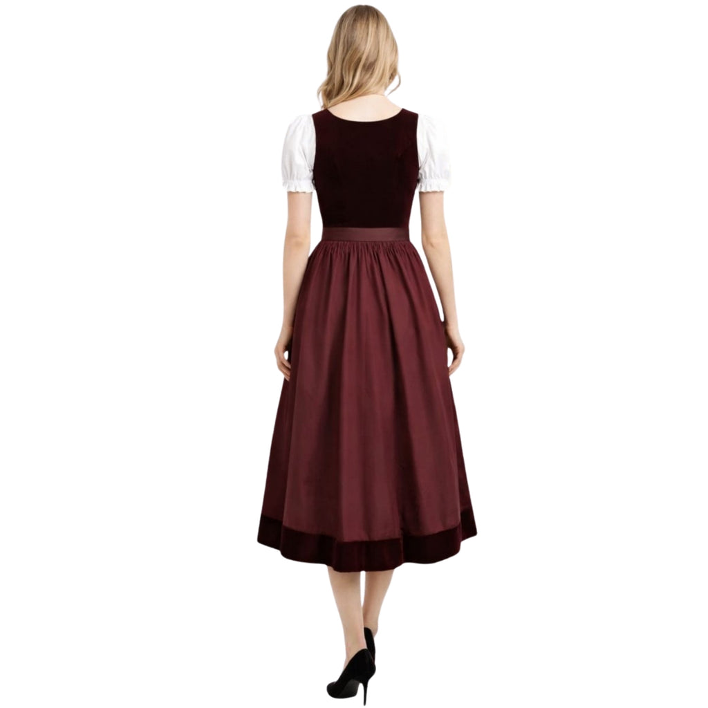 Burgundy Velvet 3Pcs German Dirndl Dress Set – Satin Apron