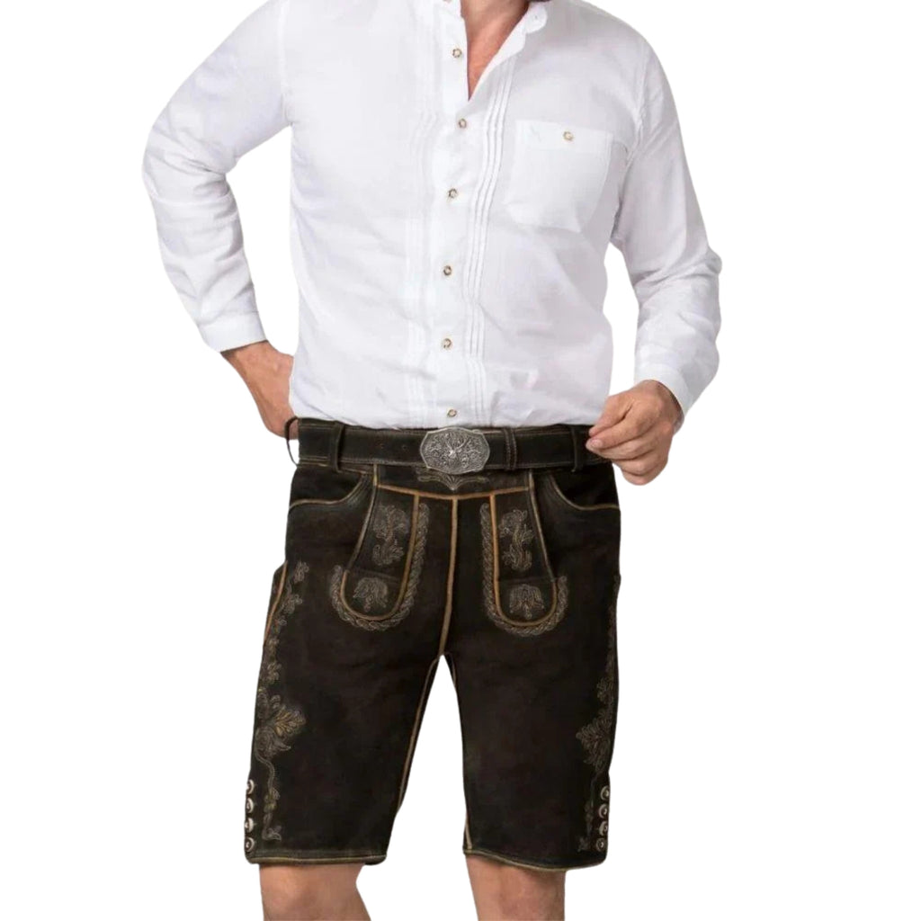 Dark Brown Short Lederhosen | Gold Embroidery & Belt