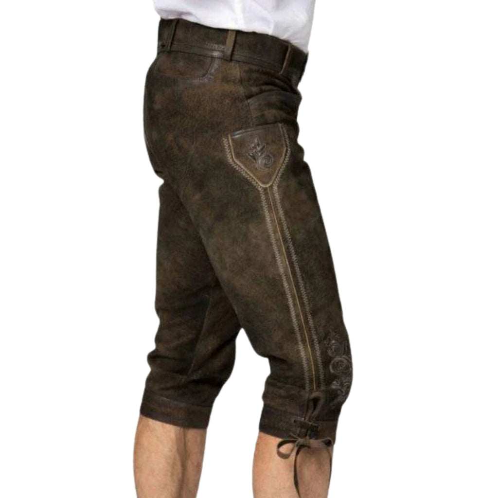 Dark Moss Bundhosen | Knee-Length Leather Breeches | Alpine Dirndl