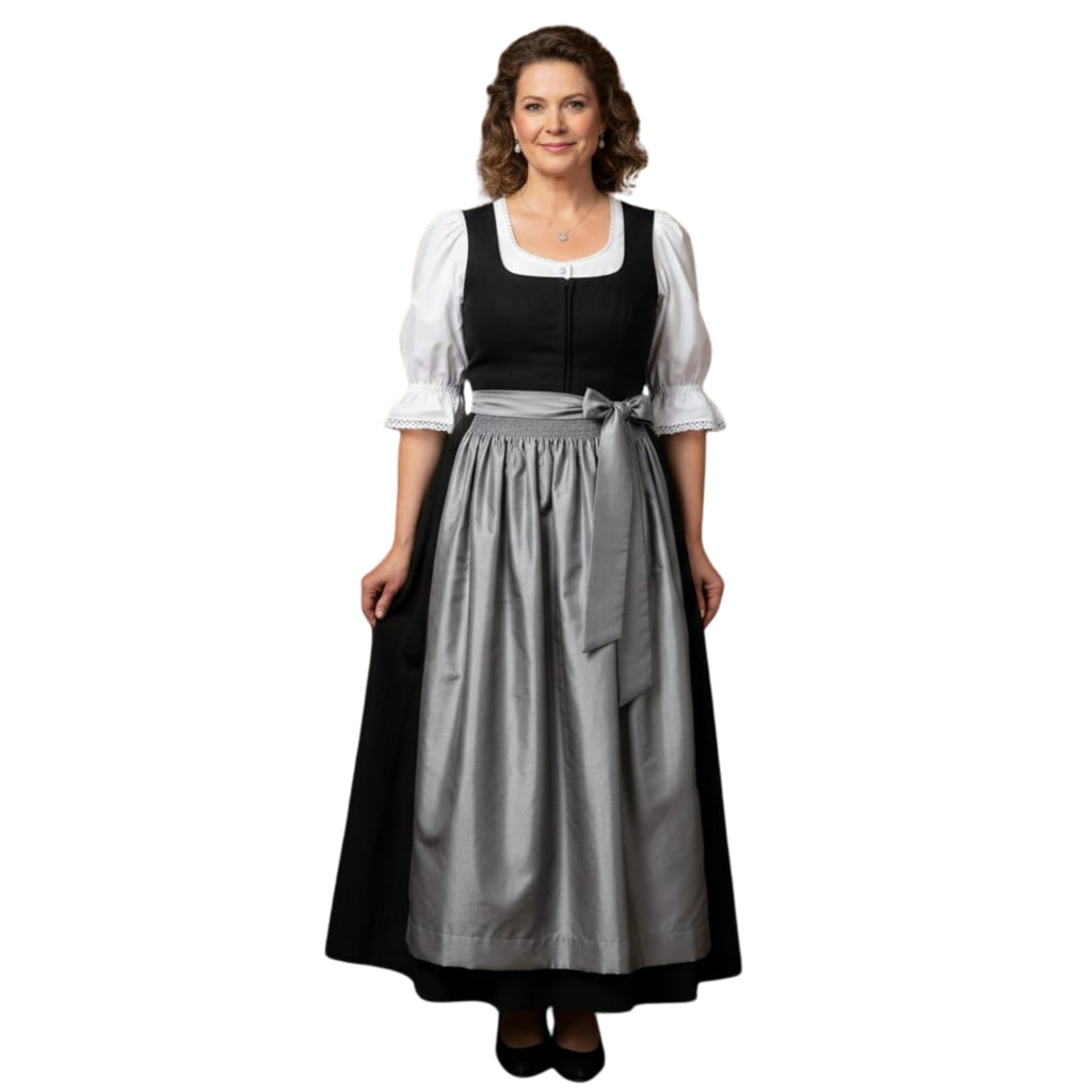Women's Dirndl Dress – Black & Silver Silk Apron Set
