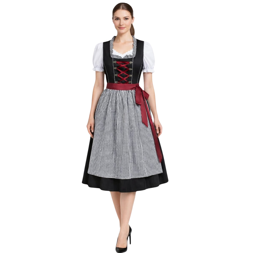 Black Corset Dirndl – Wine Red Bow & Gingham Apron