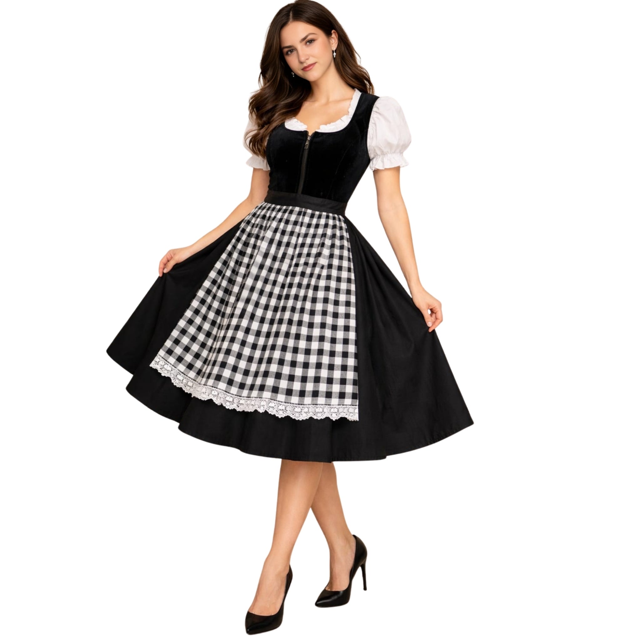 German Dirndl – Black Cotton & Plaid Lace Apron