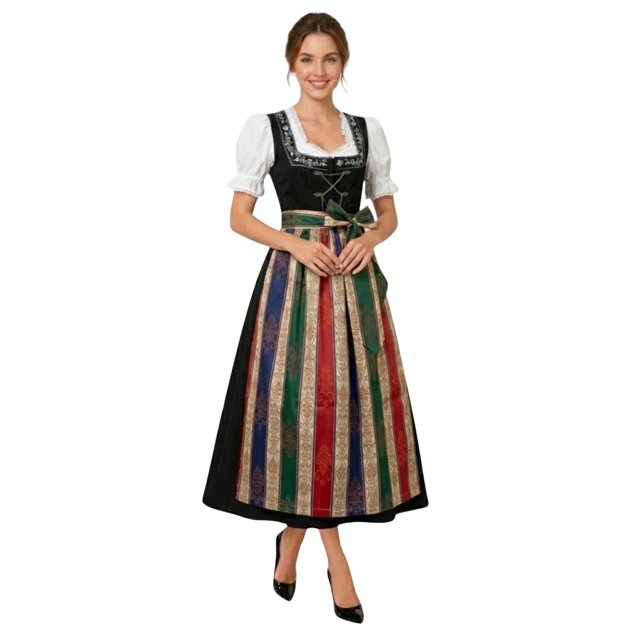 Alpine Dirndl Maxi – Black Embroidered & Stripe Apron