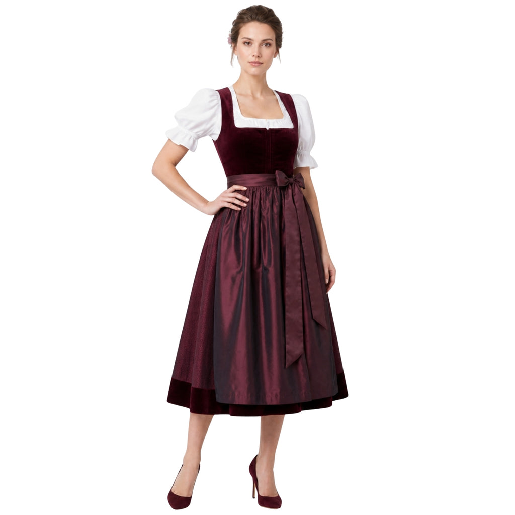 Burgundy Velvet Dirndl – Oktoberfest Midi Dress