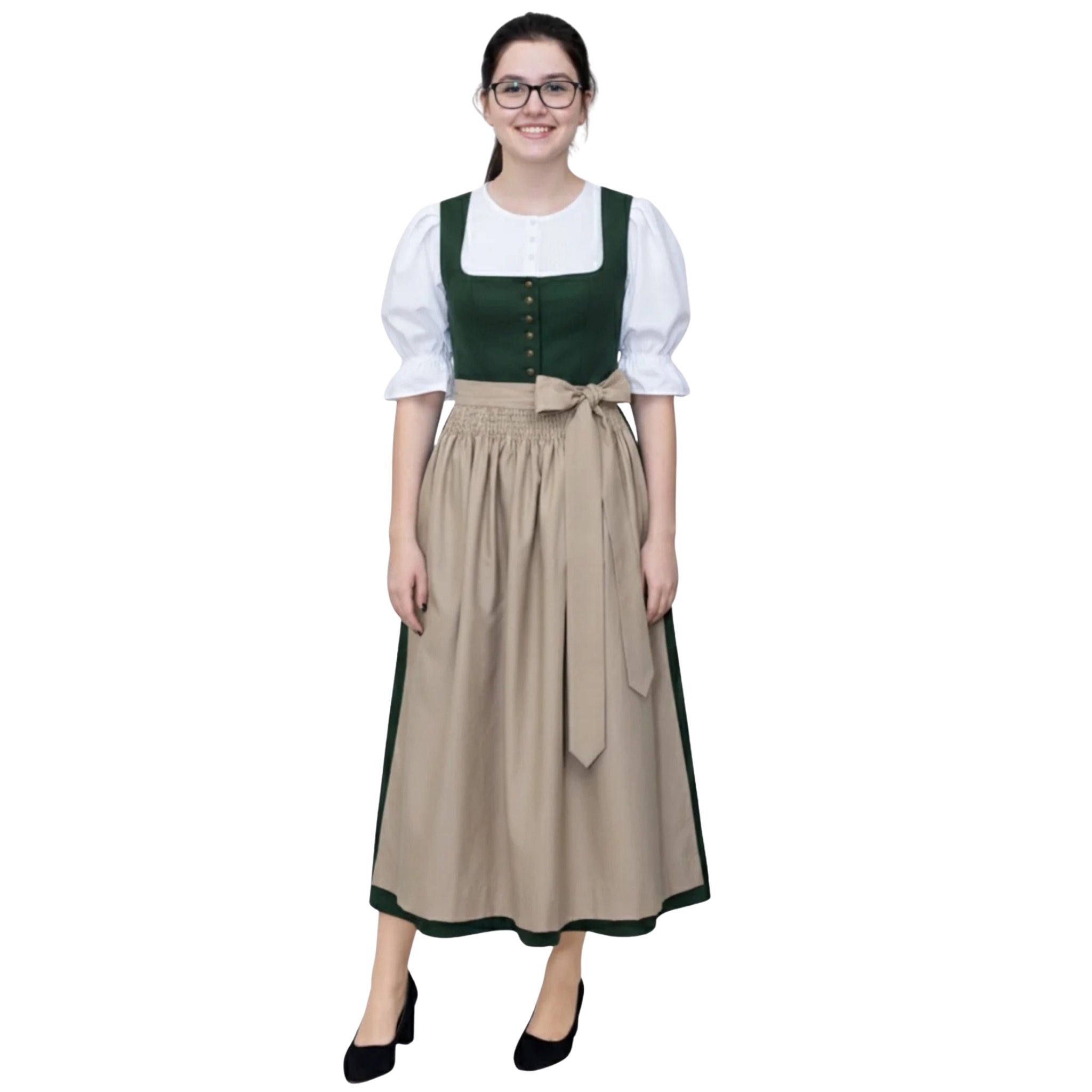 Green Cotton Dirndl Austrian Dress – Gold Silk Satin Apron