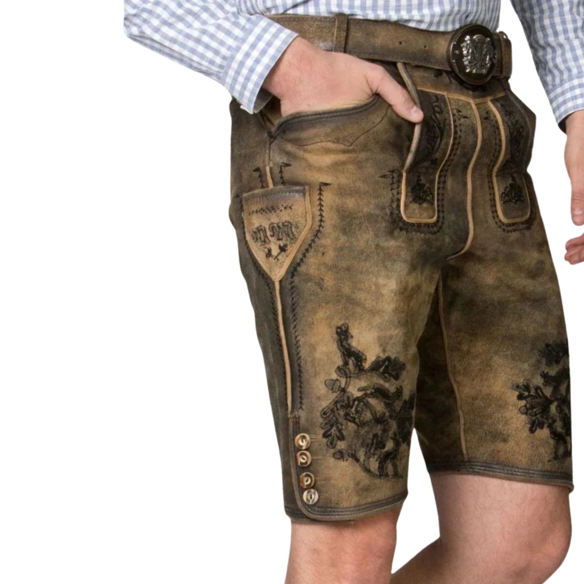 Golden Brown Lederhosen | Dark Floral Embroidery Men