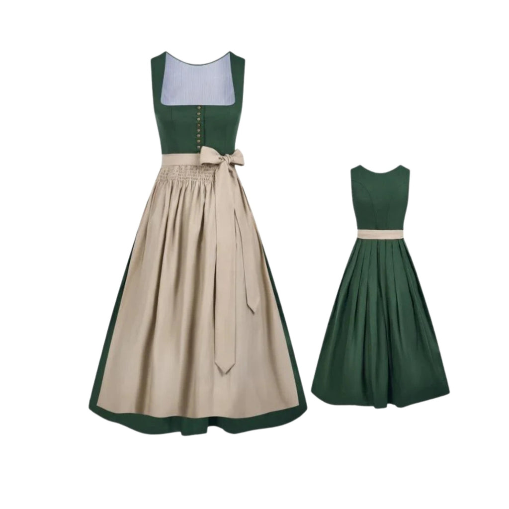 Green Cotton Dirndl Austrian Dress – Gold Silk Satin Apron