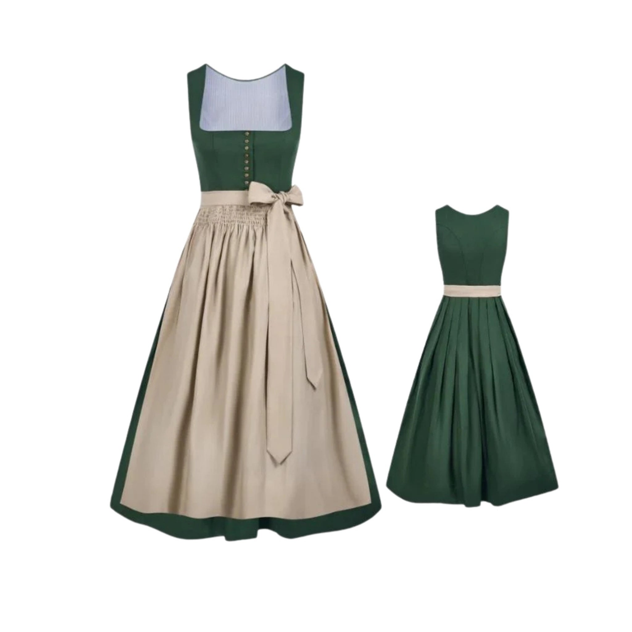 Green Cotton Dirndl Austrian Dress – Gold Silk Satin Apron