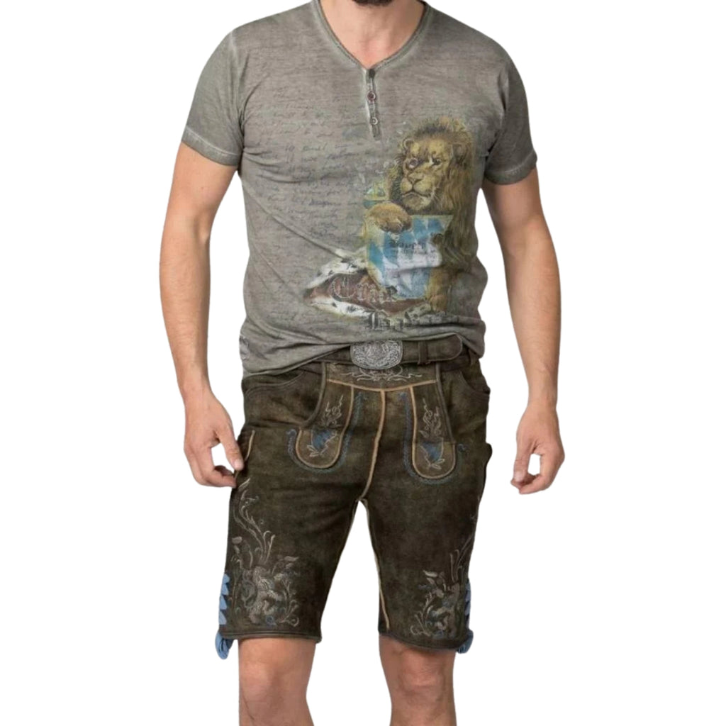 Men's Short Brown Leather Lederhosen Lion Embroidery