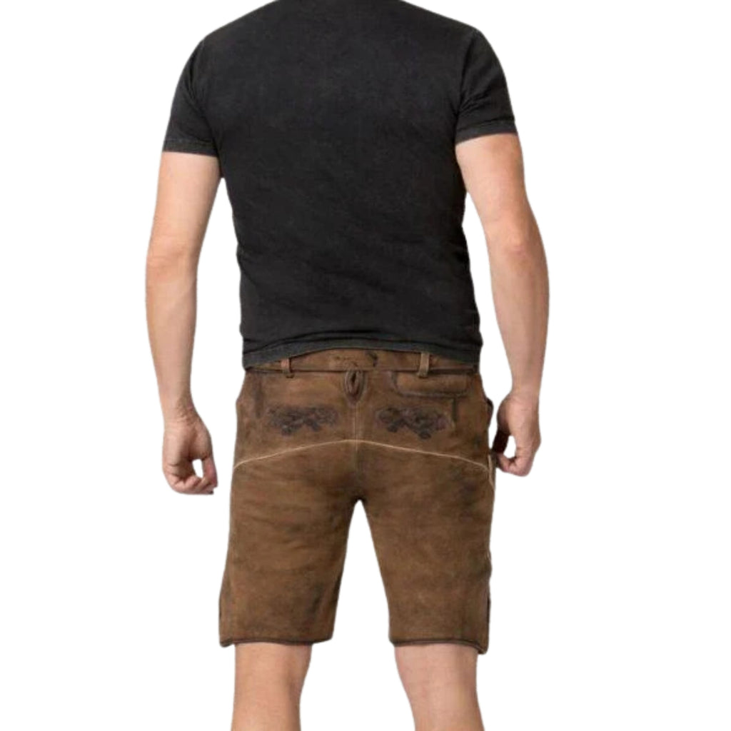 Men's Tan Brown Short Lederhosen Dark Floral Embroidr