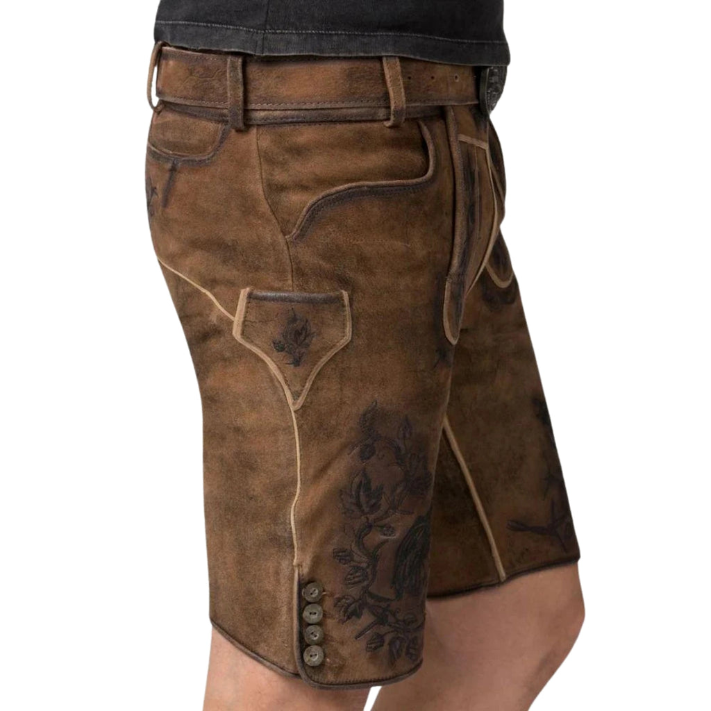 Men's Tan Brown Short Lederhosen Dark Floral Embroidr