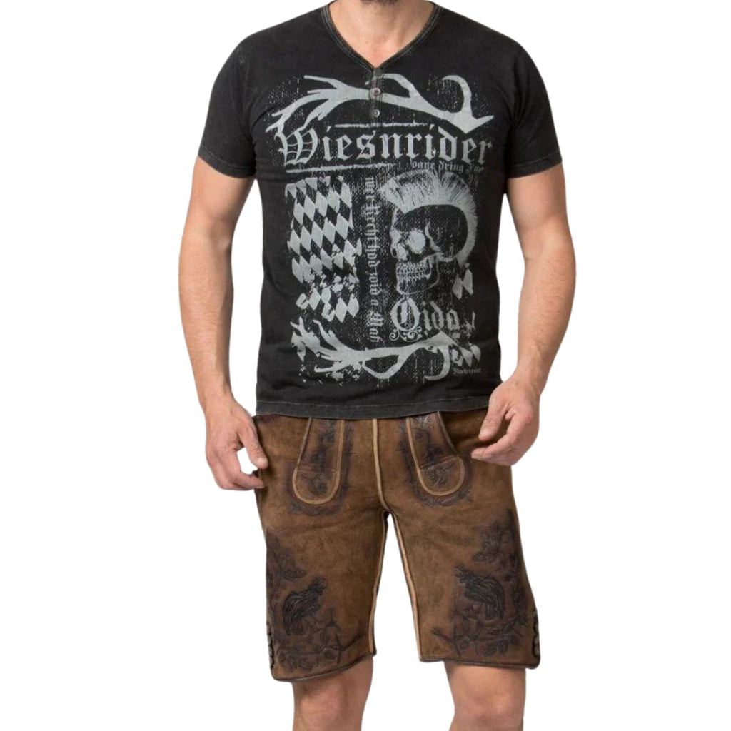 Men's Tan Brown Short Lederhosen Dark Floral Embroidr