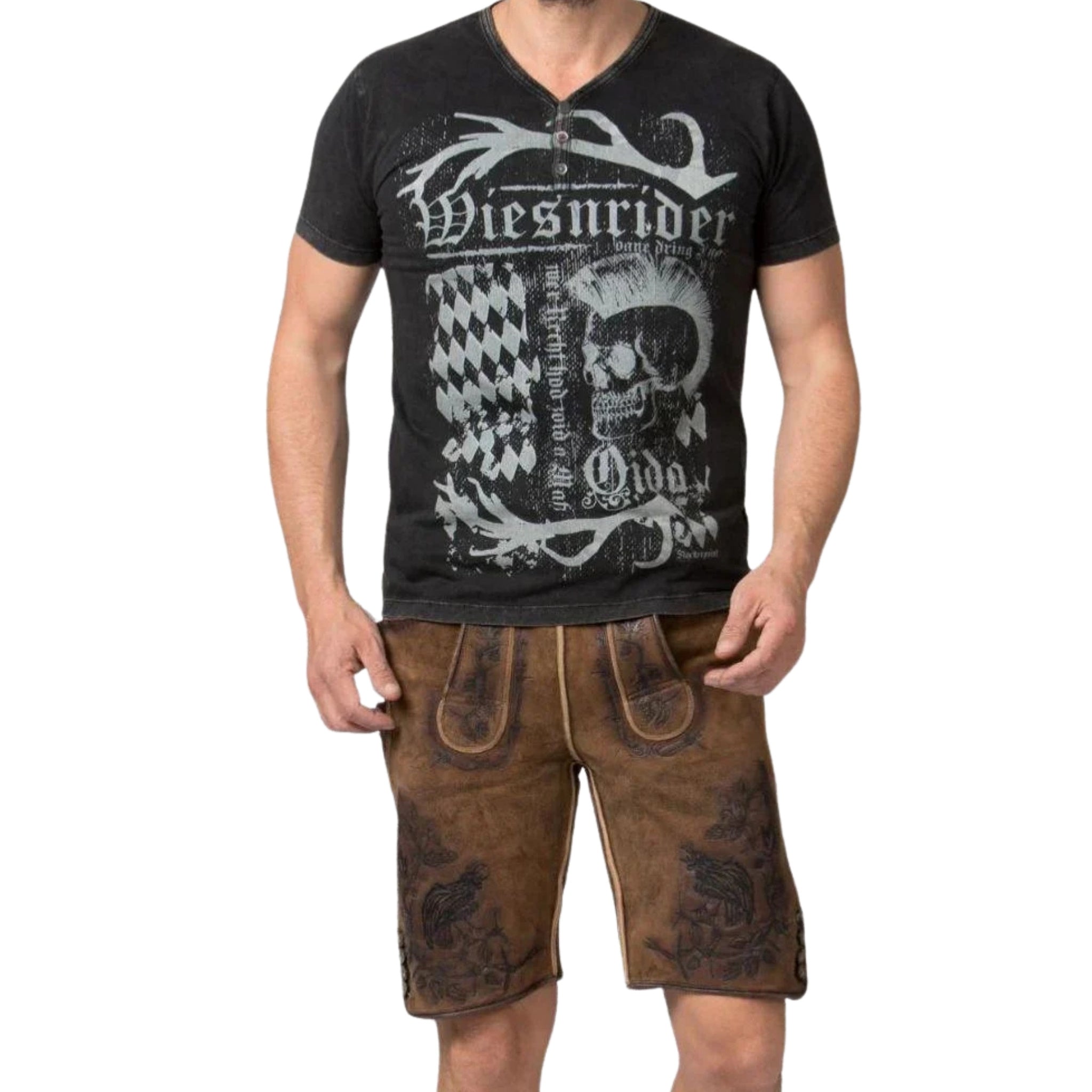 Men's Tan Brown Short Lederhosen Dark Floral Embroidr