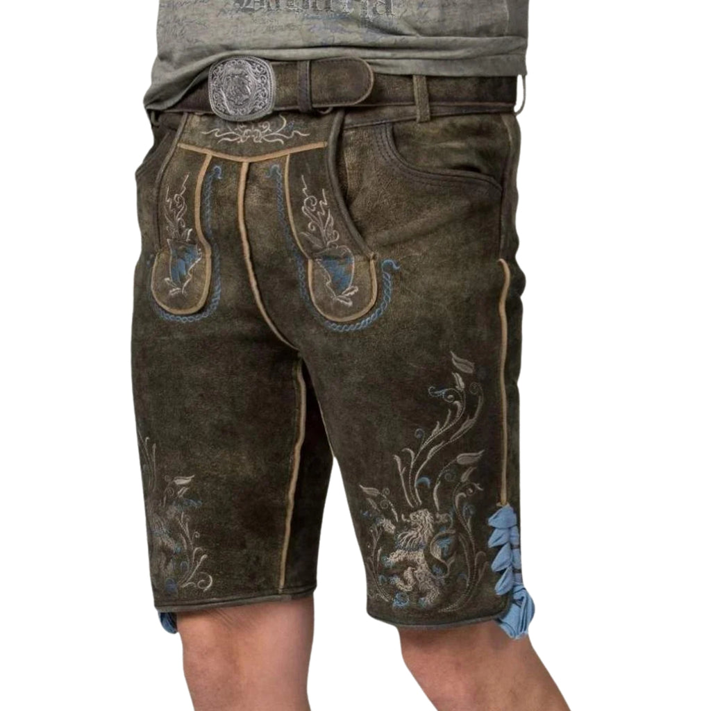Men's Short Brown Leather Lederhosen Lion Embroidery