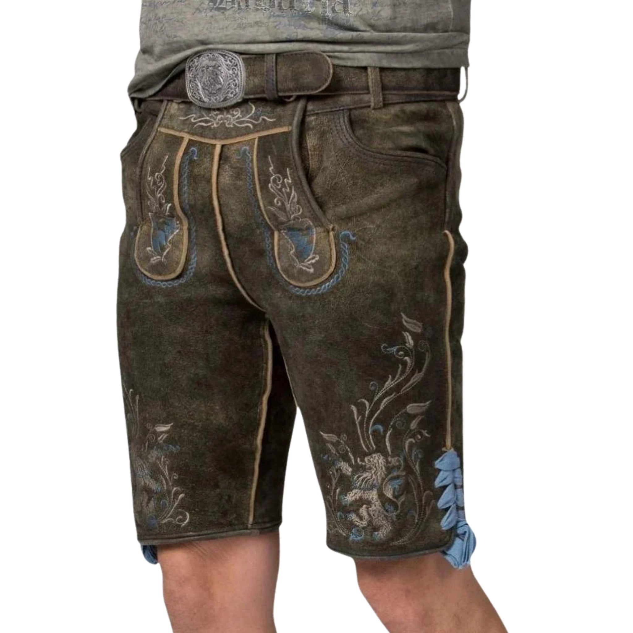 Men's Short Brown Leather Lederhosen Lion Embroidery
